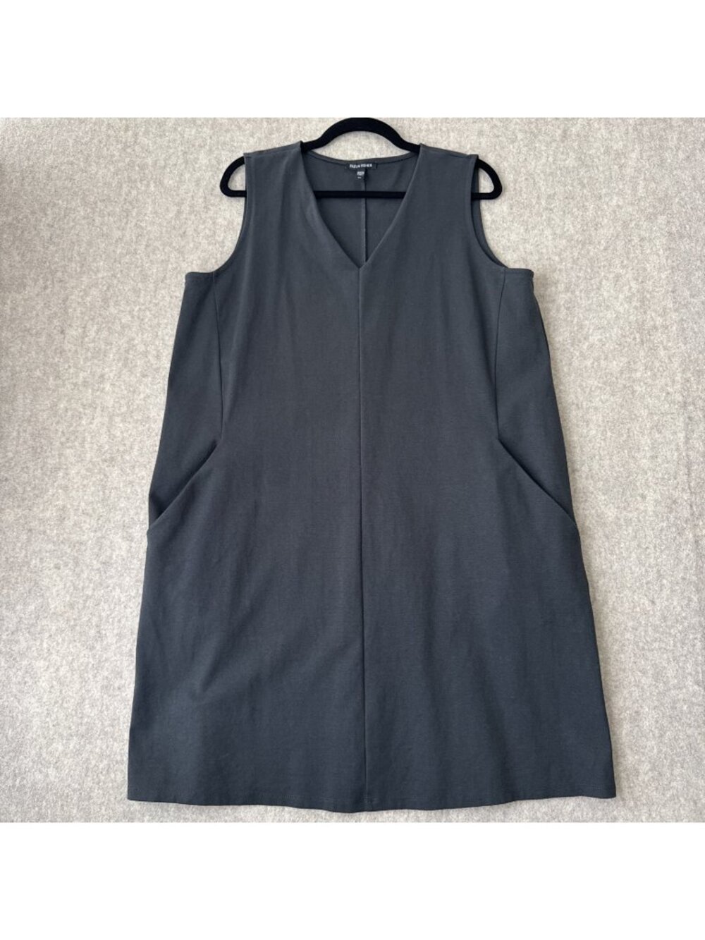 Eileen‎ Fisher Organic Cotton Dress Womens L Gray Sleeveless V Neck Pockets